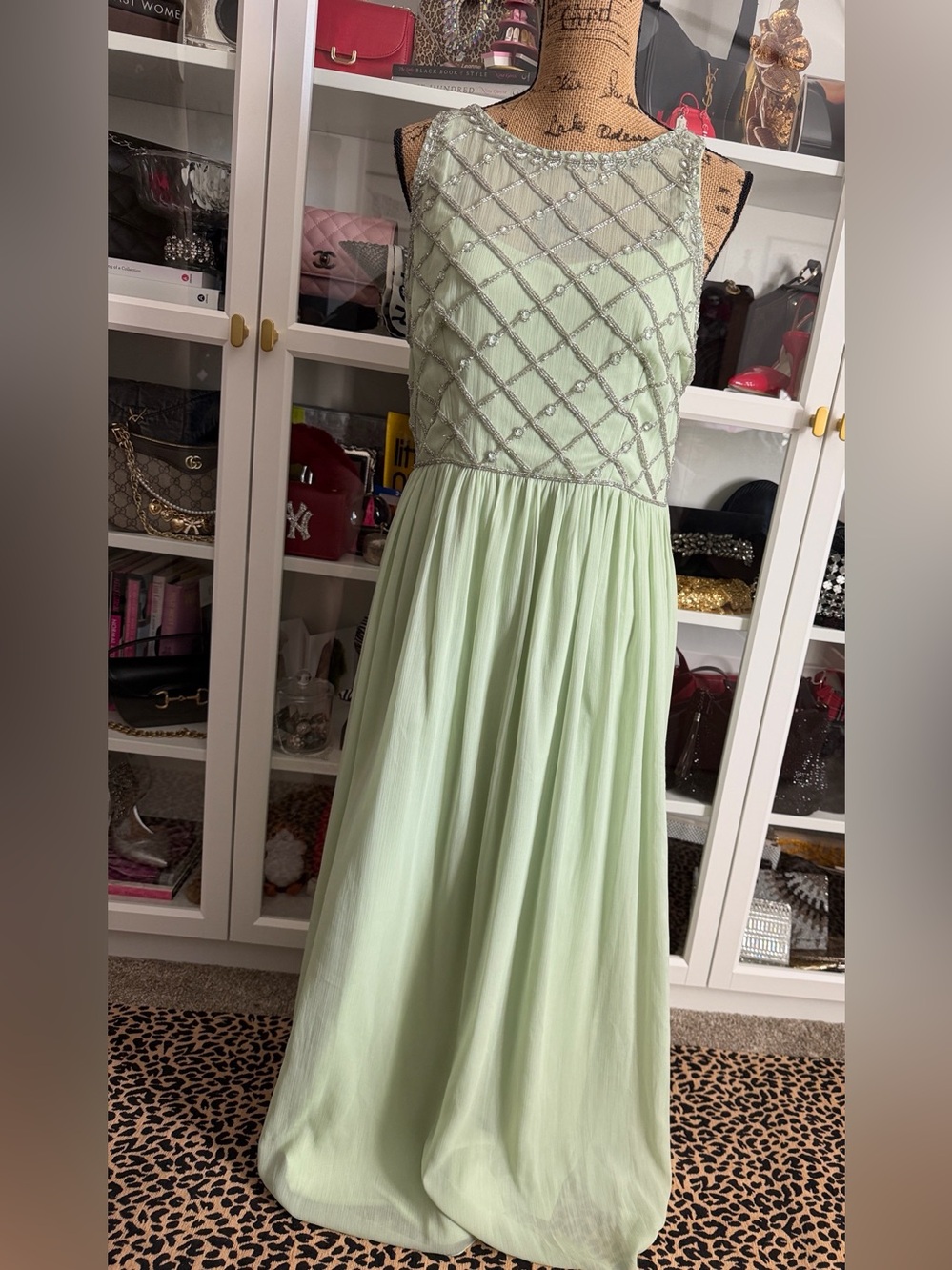 Adrianna Papell Mint Green Beaded Chiffon Illusion Yoke Formal Dress